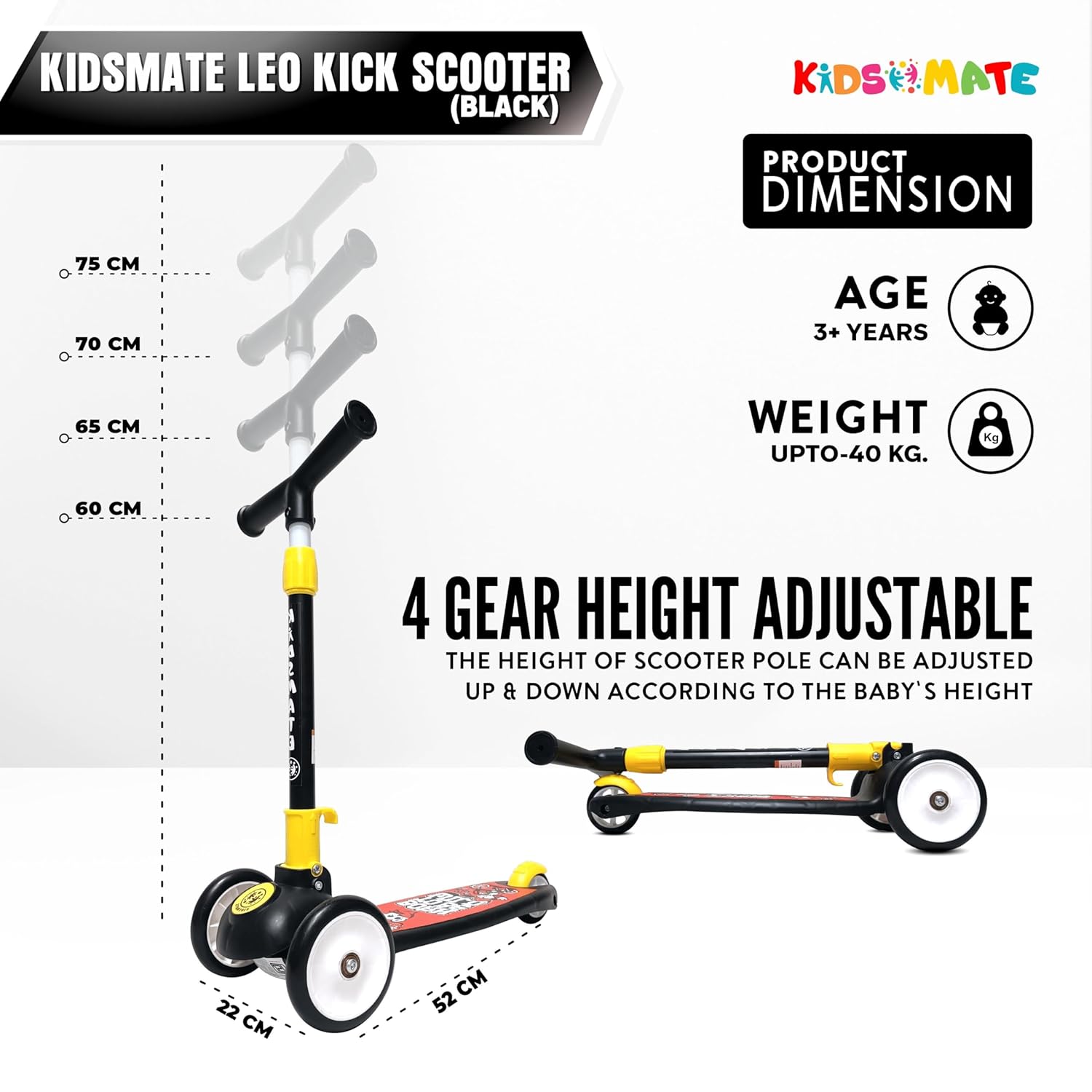 Kidsmate Leo Kick Scooter in black, designed for kids with 3 adjustable height settings, broad PVC wheels, and a reliable rare brake. Its foldable design makes storage and transport easy."